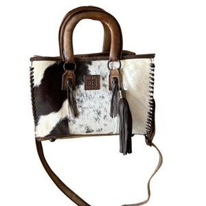 STS Ranchwear Cowhide Leather Satchel Bag Brown White Hair on Hide Crossbody